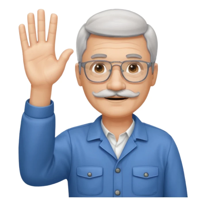 60 yr man with partially gray hair, mustache, light glasses, work clotheswaving hello sticker