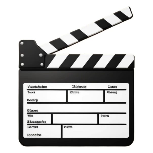 Minimalist film clapperboard, black and white, clean geometric shapes with diagonal line sticker