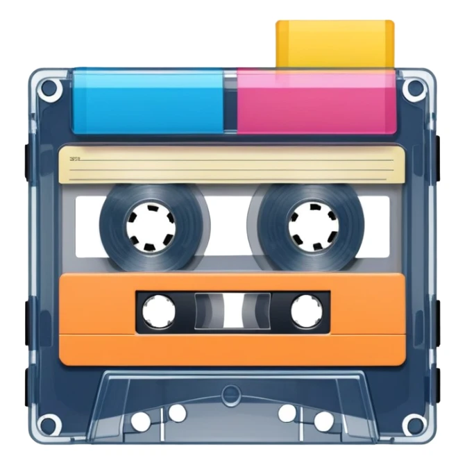 A colorful retro cassette tape with visible tape spools sticker
