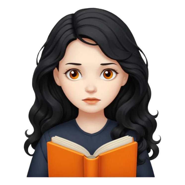 Long Hair Women with orrange Book, Black wavy hair, sad

 sticker