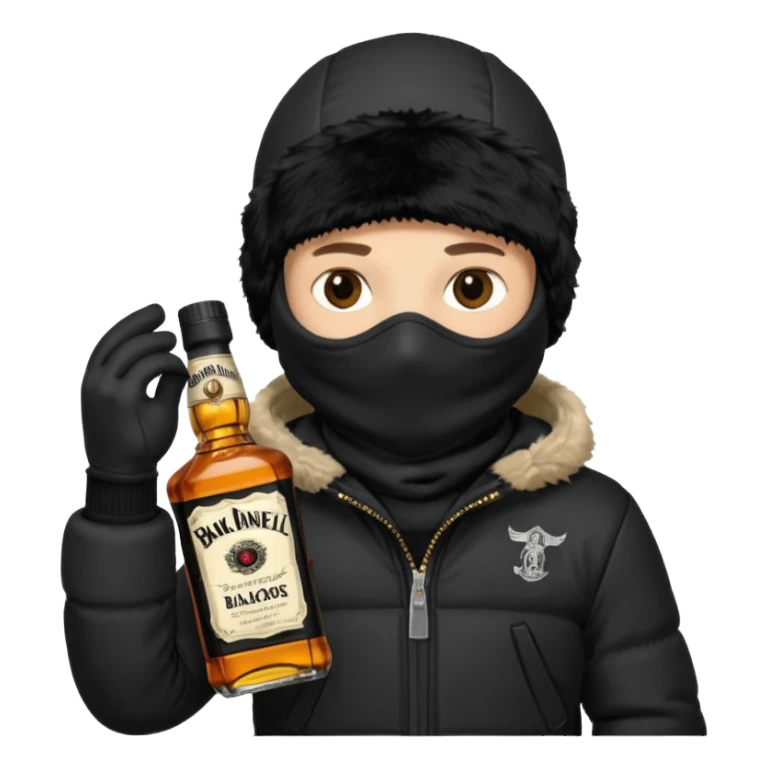Junge mit Sturmhaube in der Rechten hand eine jacky flasche und schwarze winterjacke mit fell an der mütze 2 meter gross sticker