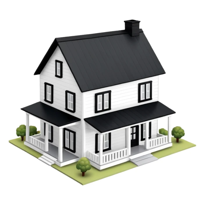 modern farmhouse dollhouse, 3d isometric, white with black trim sticker