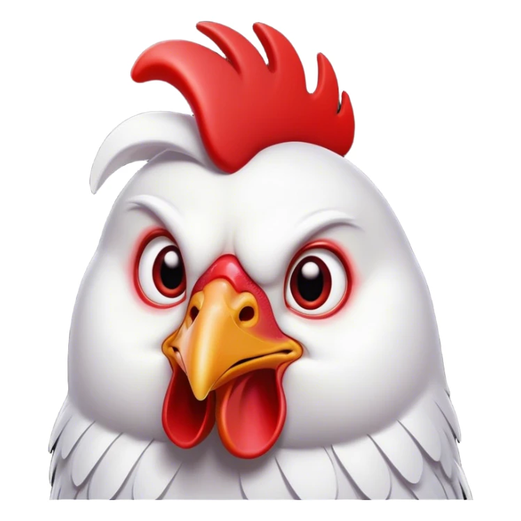 Cinematic Comical White Chicken Portrait Emoji, Head tilted dramatically with an exaggeratedly shocked or amused expression, featuring a sleek, immaculate white plumage with a prominent red comb, wide, expressive beady eyes filled with playful disbelief, Simplified yet hilariously expressive features, highly detailed, glowing with a slightly sassy glow, high shine, dramatic yet playful, stylized with an air of cheeky mischief, bright and endearing, soft glowing outline, capturing the essence of a spirited and over-the-top chicken, so meme-worthy it feels like it could cluck its way into internet fame instantly! sticker