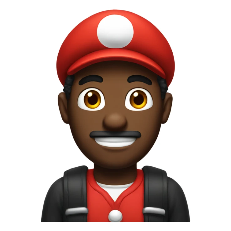 Black man wearing giant Mario costume head sticker