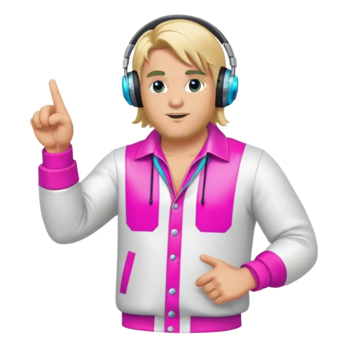 blond big man in colorful dj outfit pointing sideways sticker