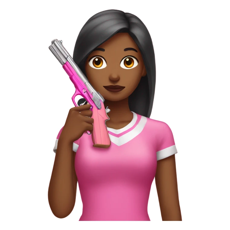Brown girl hand with pink nails holding a pink gun sticker