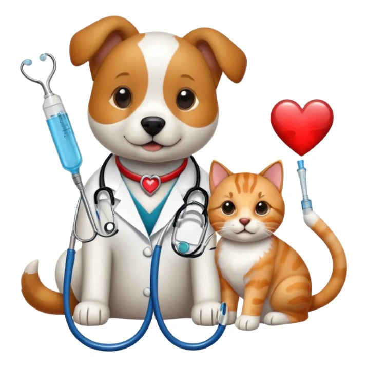 An icon featuring a stethoscope, a paw print, and a veterinary syringe, symbolizing veterinary medicine. The design includes a dog, a cat, and a heart, representing animal care, treatment, and health. Transparent background highlights the science of veterinary practice and animal welfare. sticker