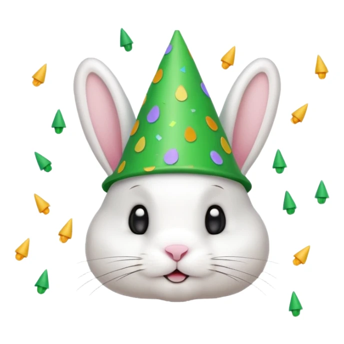 Rabbit in Green Party Hat – white bunny with cone party hat and confetti. sticker