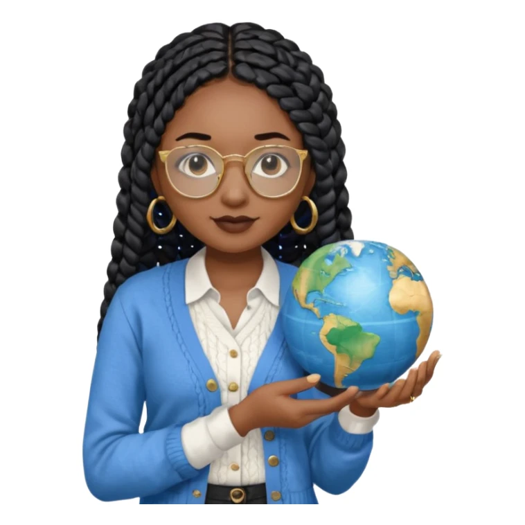 a-young-woman-wearing-fine-gold-round-glasses-and-black-hair-in-several-box-braids,-she-has-light-black-skin,-and-she's-wearing-a-white-shirt-with-an-blue-cardigan-on-top.-she's-holding-a-globe-in-one-hand.png sticker