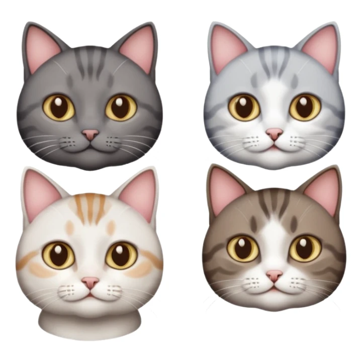 4 different coloured short haired cats including; a dark brown tabby and white cat, and a dark grey and white  sticker