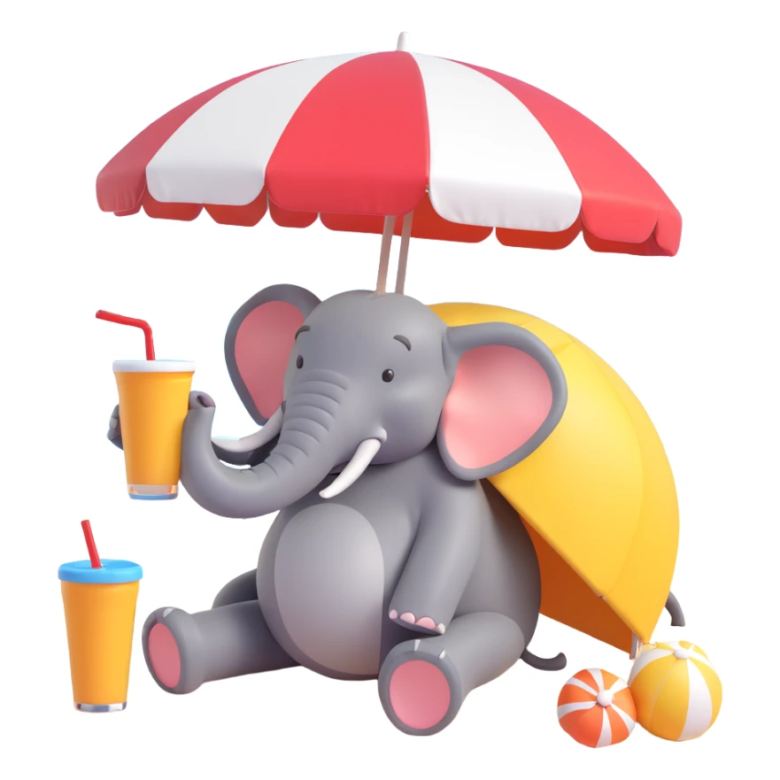 elephant relaxing under a beach umbrella, wearing swim trunks and sipping a cold drink sticker