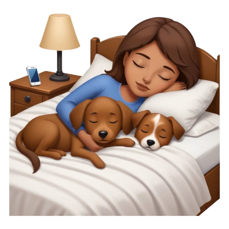 Young brown headed girl sleeping in her bed with her tan to brown dog med size on her bed. Her phone with her as she sleeps like sleeping beauty sticker