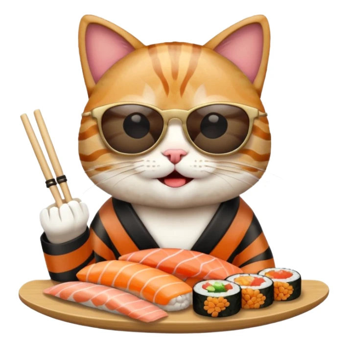 happy cat wearing sunglasses and eating sushi sticker