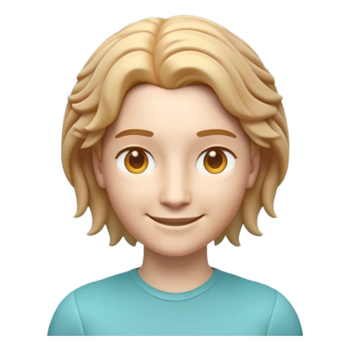 A 3D-rendered Apple-style emoji of a smiling person with a neutral, androgynous face. Their hair is replaced with a detailed brain that has a smooth, rounded texture, symmetrically parted down the center. The brain is a soft teal blue color with realistic folds, blending naturally into the head. The person has warm golden brown eyes, expressive eyebrows, and a friendly yet neutral expression. The lighting and shading should match Apple’s official emoji style, with soft gradients and a polished look. sticker