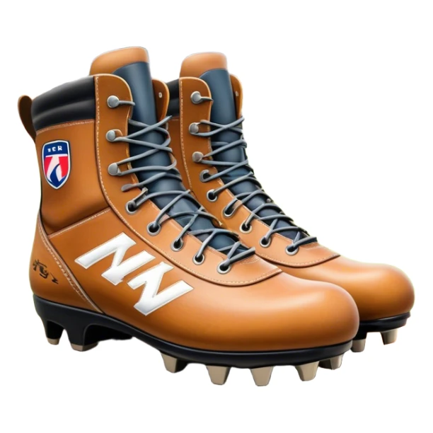 Cinematic Realistic image of a pair of AFL boots, showcasing detailed leather stitching and a rugged sole with fine cleat impressions, captured against a blurred stadium background with high-energy, dynamic lighting sticker