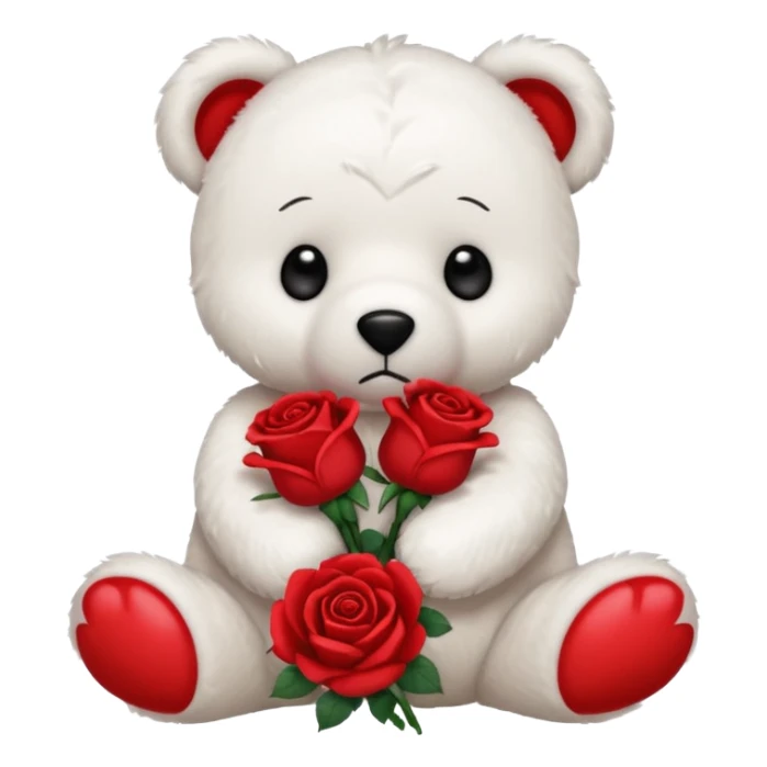 Cute white teddy bear with sad puppy dog eyes holding roses  sticker