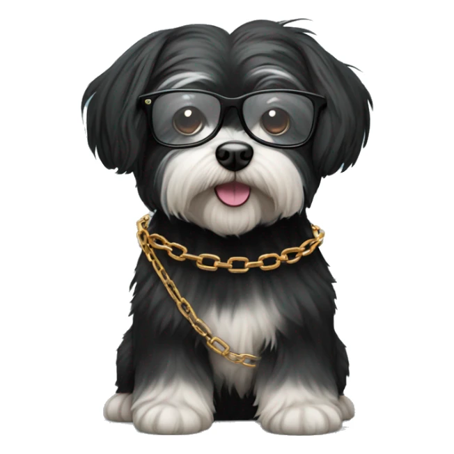 black havanese dog with glasses and a chain sticker