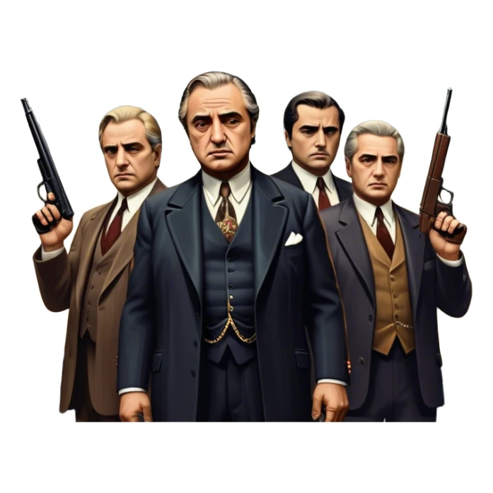 A vintage movie poster-style design featuring Don Vito Corleone surrounded by gangsters with Tommy guns. Include a dark, moody noir atmosphere with skyscrapers of New York in the background. The scene should be tense and mysterious, with a retro cinematic feel. Transparent background. sticker