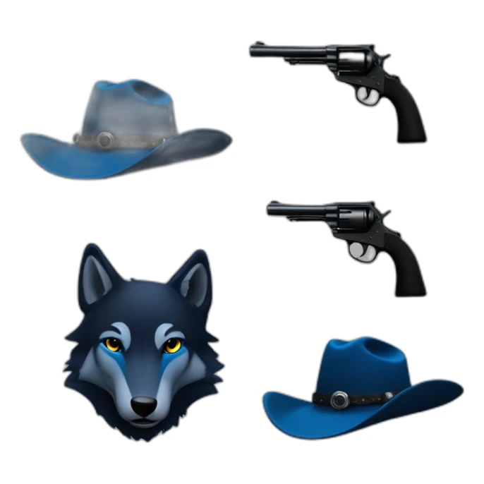 blue wolf. black cowboy hat, cowboy revolver sticker