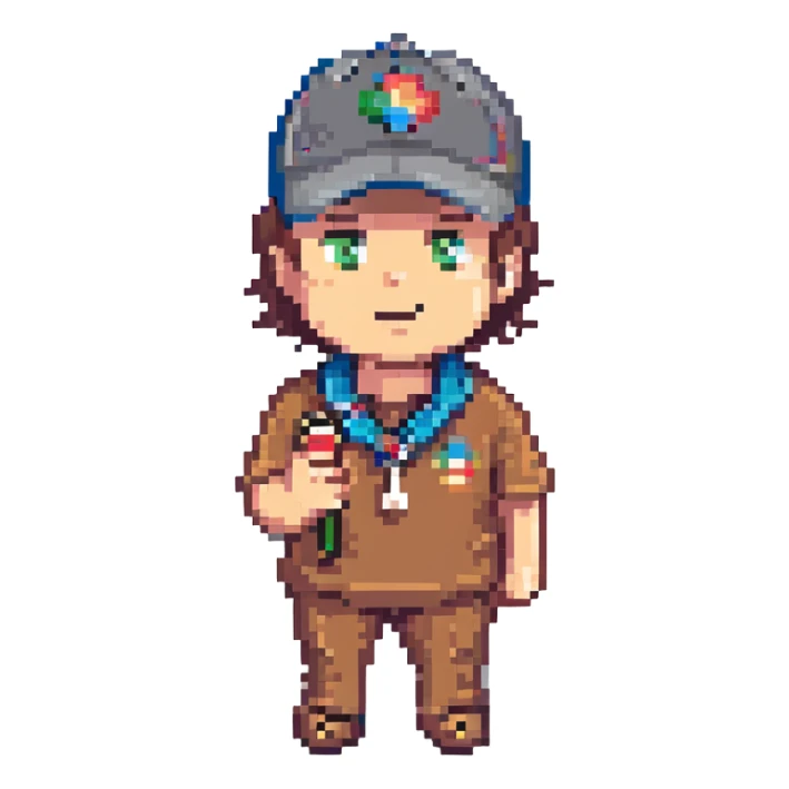 pixel art of a coach with a whistle, wearing a cap sticker