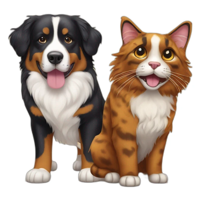 A Bernese dog next to A tortoiseshell cat without white sticker