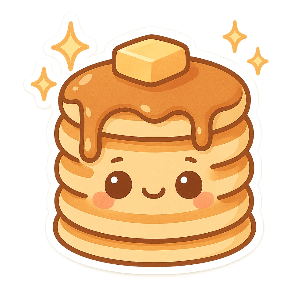 chibi sticker-style pancake stack with sparkles, cute and exaggerated sticker