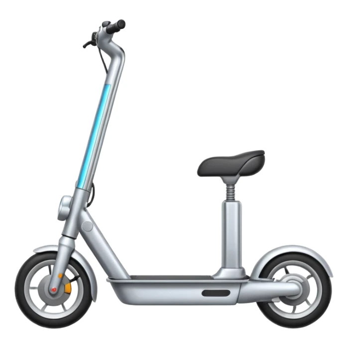 A futuristic electric scooter emoji made of silver chrome, sleek minimal frame, smooth metallic surface, subtle reflections, modern urban design, iOS emoji style, centered, clean white background sticker