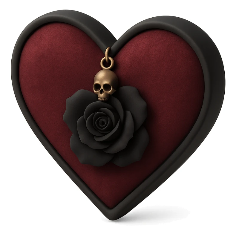 gothic heart in 3D black style, dark crimson velvet texture, silver skull charm, black rose center, lush and gothic sticker
