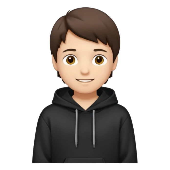 A brunette boy, short straight hair, light brown eyes, with a black sweatshirt with a hoodie, and smile  sticker