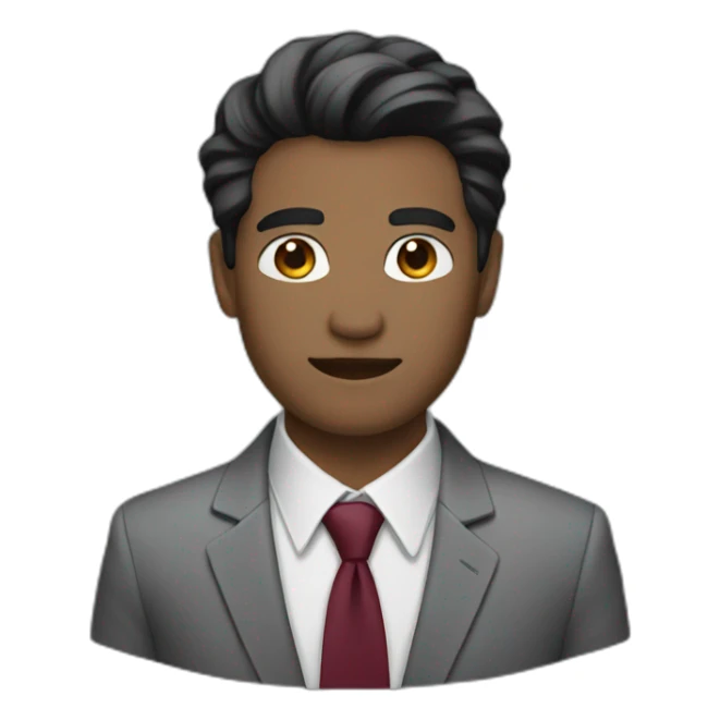 black hair, grey suit, maroon shirt sticker