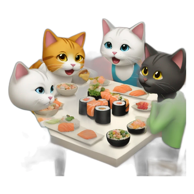 4 cats at a birthday party eating sushi sticker