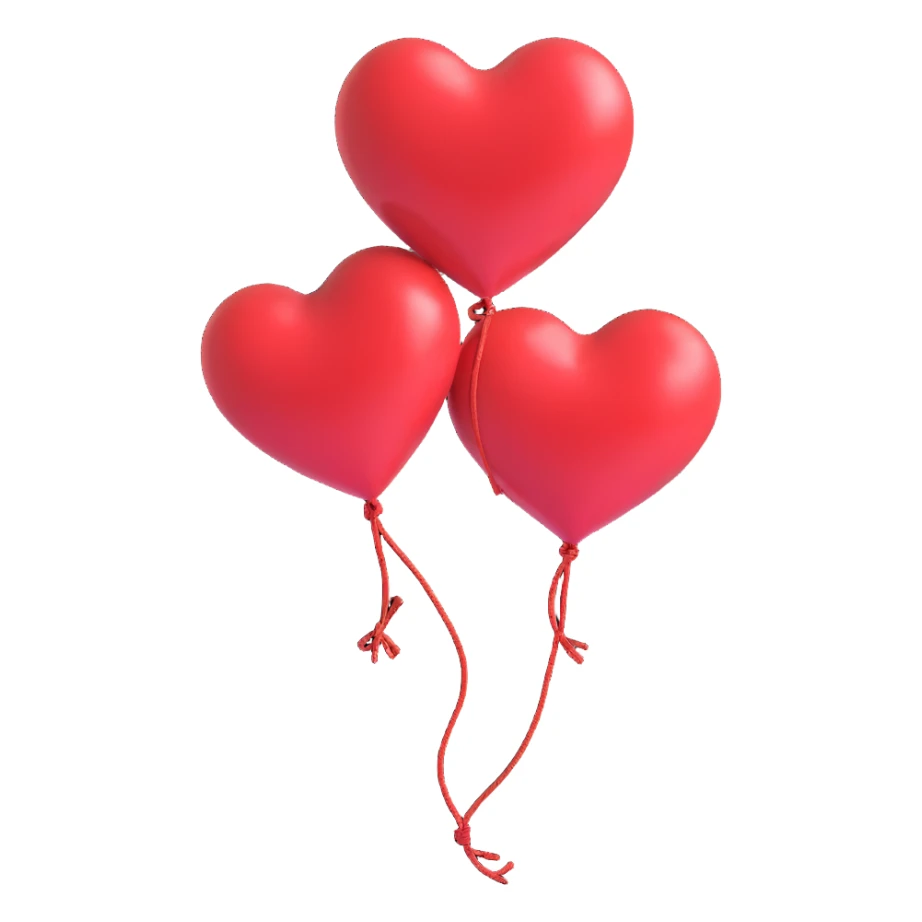 3D heart balloon, shiny and floating, with a visible knot and string sticker