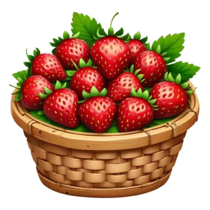 Cinematic ripe strawberrie, deep red, glossy with tiny seeds, green leaves still attached, gathered in a rustic basket, warm glowing background, fresh and sweet. sticker