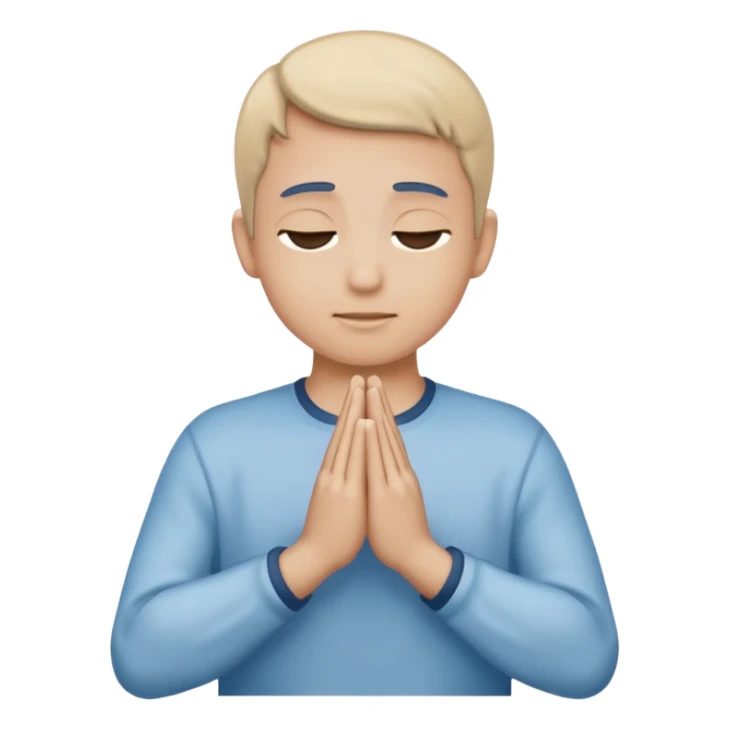 Two hands in prayer pose, muted blue outline, beige fill, soft glow, apple emoji style, PNG, transparent background sticker