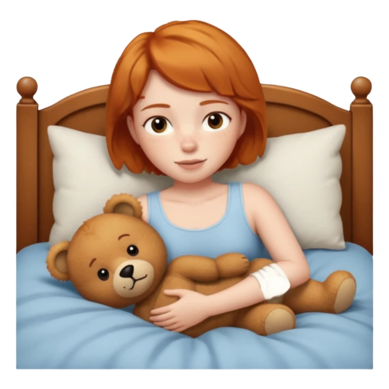 ginger woman short hair cuddle in bed with teddy sticker