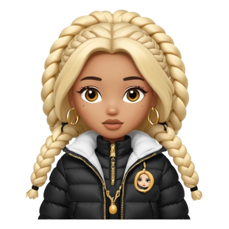 generate a pretty bratz girl with a WHITE puffer jacket, hoops, long braided hair black sticker