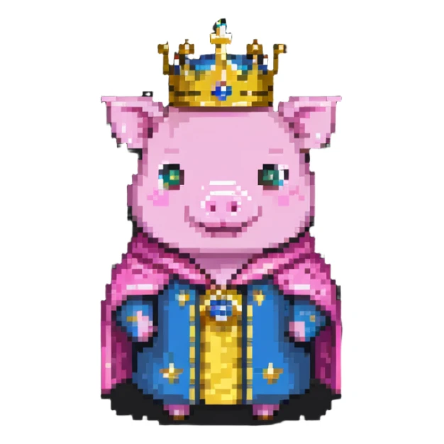 Pink pig character with gold crown and royal robe, Technoblade sticker