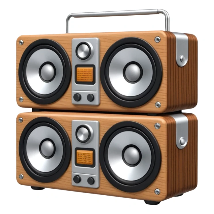 3D render of Speaker Stack, vintage 1980s audio equipment aesthetic, tactile analog buttons, silver metallic face with two large brown magnetic tape wheels, mixed wood grain and brushed aluminum textures, Apple emoji style, isolated on white background --v 6.0 sticker