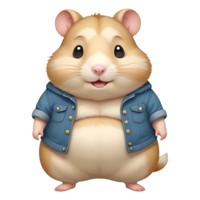 Cute chubby cartoon-style hamster wearing oversized pants that look too big, proud and smiling expression. Painterly shading, white background, sticker-style illustration sticker
