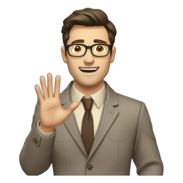 To belt Actively gesturing with hands Okay Pale skinned fit man with dark brown hair in gray jacket, beige office shirt, brown tie, brown pants and vintage glasses. sticker