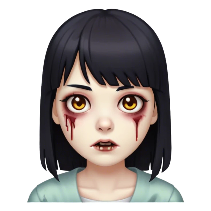 Garota zumbi com cabelos pretos lisos com franja (tipo esse emoji 🧟‍♀️) com olhos castanhos preto sticker