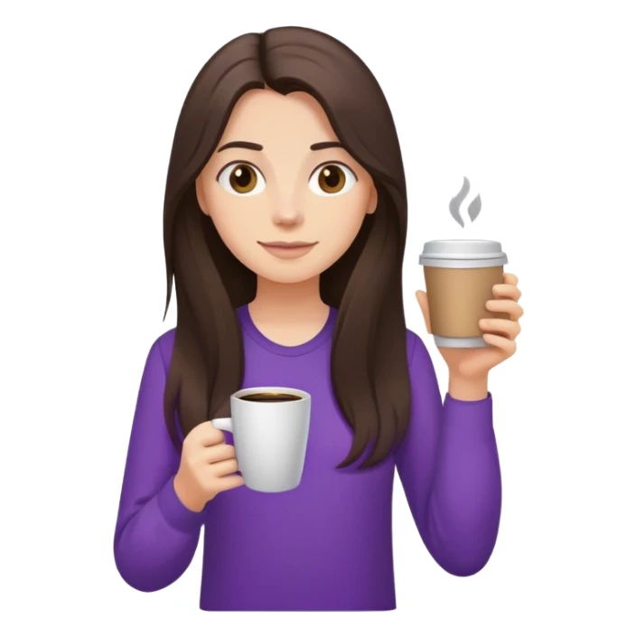 Long haired brunette in purple shirt holding one coffee sticker