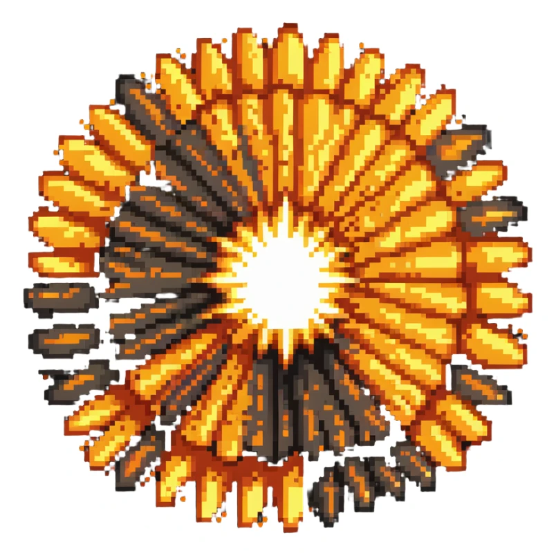 Bomberman explosion center tile, bright fiery explosion core with yellows and oranges radiating from center, 90% of tile with subtle glow effect, clean pixel art edges, slight transparency at edges sticker