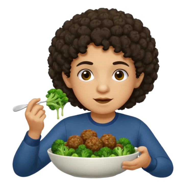 Grillo con capelli ricci scuri che mangia broccoli bolliti e polpette sticker
