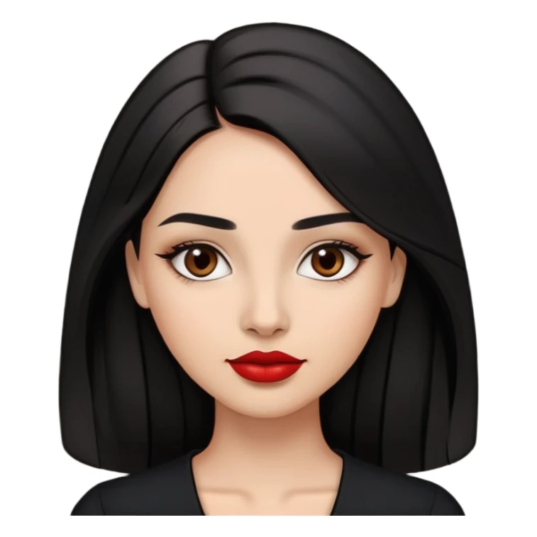 Confident young woman with oval face, elegant features, dark brown eyes, arched eyebrows, red lipstick, light brown skin, long black hair, wearing a black top sticker