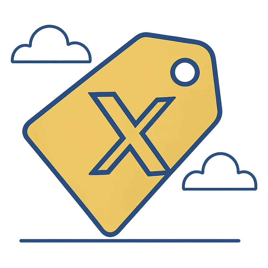 yellow tag icon, flat minimal modern style, bold X logo on the tag, inspired by X (Twitter) branding sticker