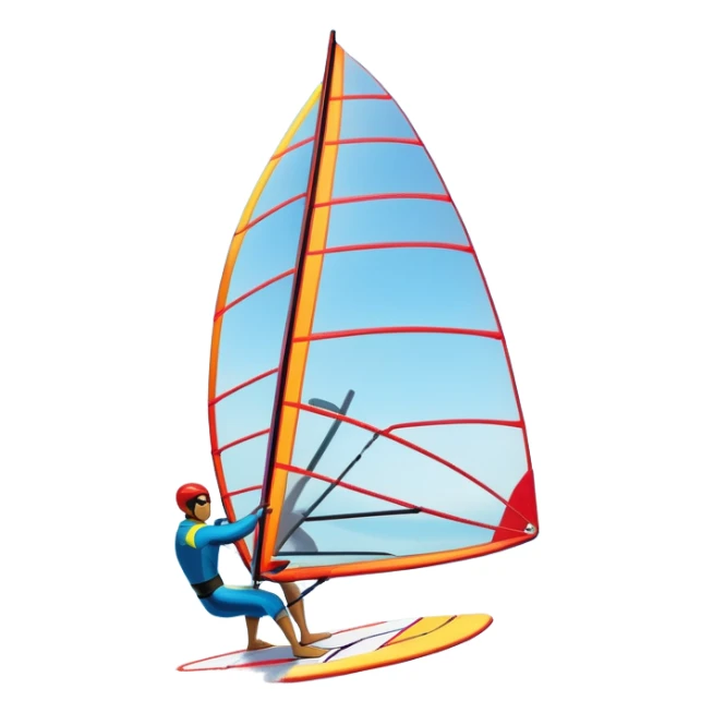 A windsurfer gliding across the ocean, with a vibrant sail catching the wind. The scene captures the motion of the board riding the ocean waves, surrounded by the bright blue sky and ocean, symbolizing the excitement and skill required in the sport of windsurfing. sticker