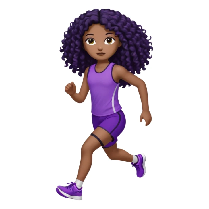 Uma boneca morena escura com olhos castanhos e cabelo cacheado longo preto até o peito, treinando correndo a roupa top até o meio da barriga roxo com detalhes preto e short roxo com detalhes preto sticker