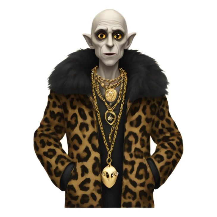 Nosferatu wearing a leopard print fur jacket with gold chains on sticker