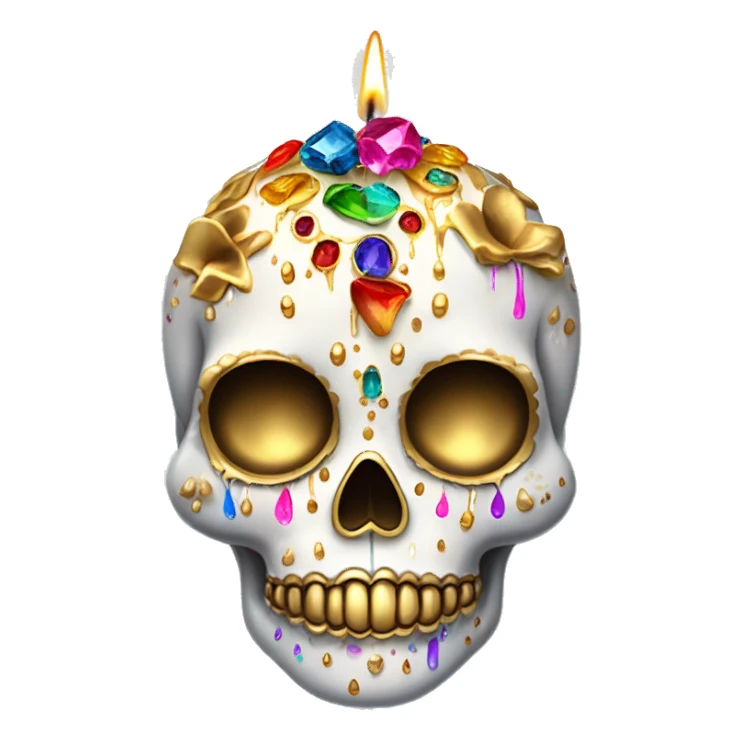 Realistic white sugar skull decorated with colorful rhinestones with a tall metallic gold candle on top of its head dripping down melted metallic gold wax down the skull sticker